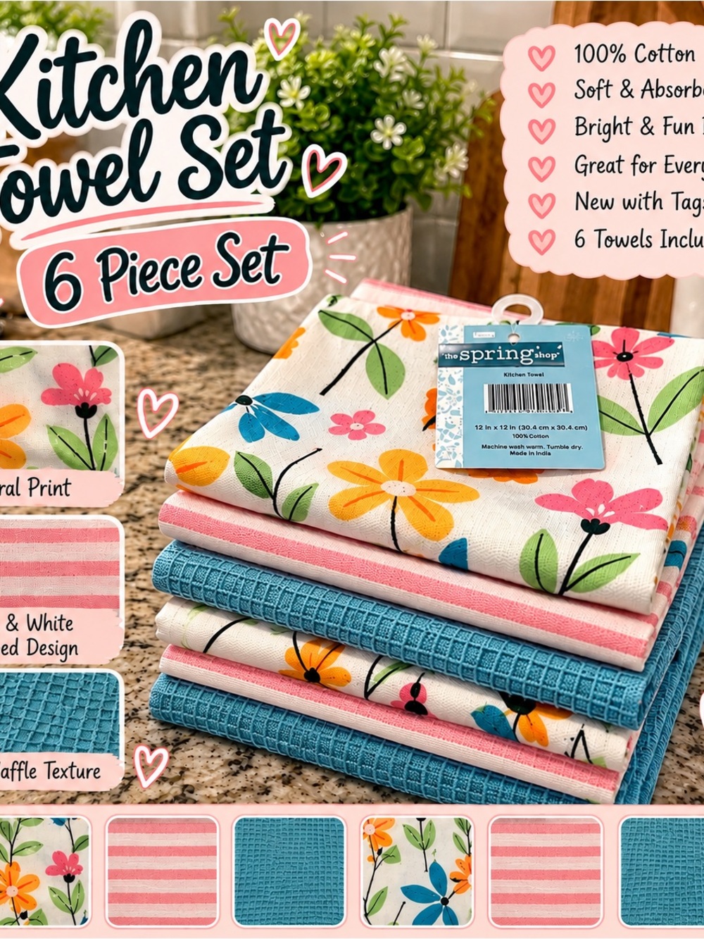 The Spring Shop Pink, Blue & Yellow Floral Kitchen Towel Set - 6 Piece